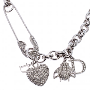 Pre Owned Dior Silver Tone Crystal Embellished Charm Necklace