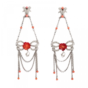 Dior Silver Tone/Red Crystal Embellished Butterfly Drop Earrings