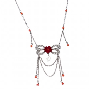 Dior Silver Tone Crystal Embellished Layered Floral Bow Necklace