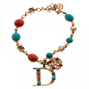 Pre Owned Dior Coral and Turquoise Cabochon Gold Tone Crystal Bracelet