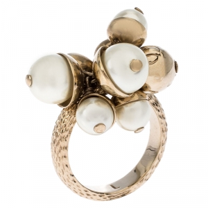 Dior Mise en Dior Faux Pearl Gold Tone Ring Size 55
