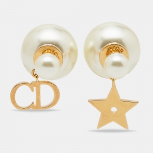Pre Owned Dior Tribales Faux Pearl Logo and Star Drop Gold Tone Earrings