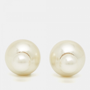 Dior Tribales Faux Pearl Gold Tone Metal Stud Earrings