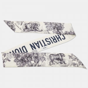 Dior White/Navy Blue Toile De Jouy Silk Bandeau Scarf