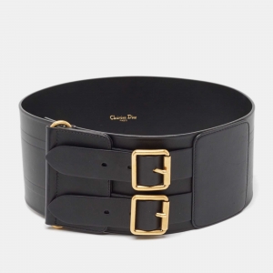 Pre Owned Dior Black Leather Wide Double Buckle Waist Belt 75CM