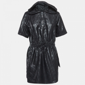 Dior Black Monogram Patterned Cotton Blend Hooded Mini Dress S