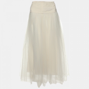 Dior Cream Textured Tulle Overlay Gathered Midi Skirt S