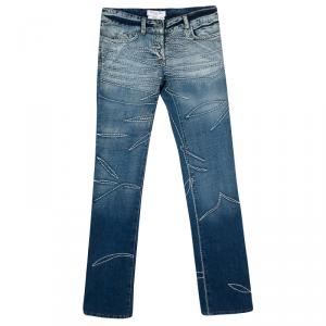 Dior Indigo Light Wash Faded Effect Embroidered Distressed Jeans S
