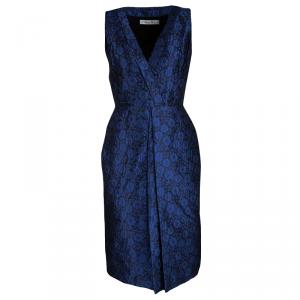 Dior Navy Blue Floral Jacuqard Contrast Lined V-Neck Sleeveless Dress S