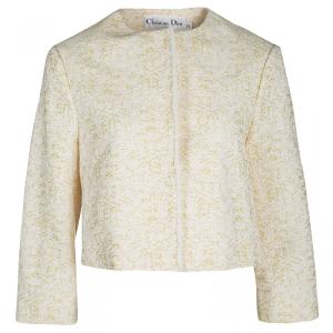 Dior Yellow Textured Frayed Placket Detail Button Front Cropped Jacket S