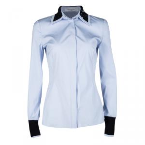 Dior Blue Sequined Collar Contrast Cuff Detail Long Sleeve Shirt S