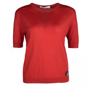 Dior Red Wool Embellished Fly Detail Short Sleeve Top S