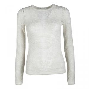 Dior Cream Embroidered Mesh Long Sleeve Sheer Top S