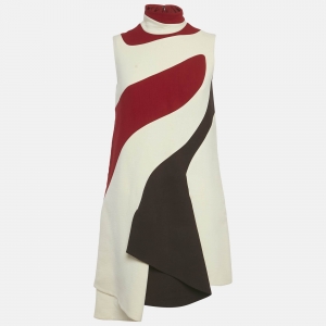 Pre Owned Christian Dior Cream/Red Wool Asymmetric Shift Dress S