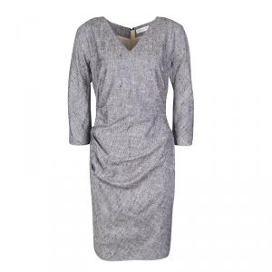 Dior Navy Blue Textured Silk Ruched V-Neck Dress M