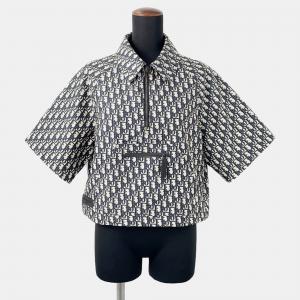 مملوكة مسبقًا Dior Oblique Technical Taffeta Jacquard Short Sleeve Anorak Size 36 Blue/Ecru Polyester