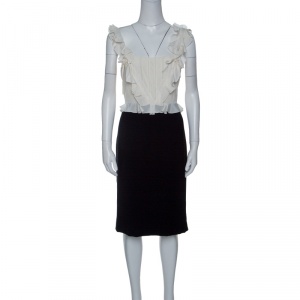 Dior Monochrome Lace Insert Ruffle Detail Silk Wool Dress L