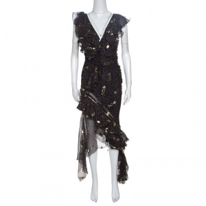 Dior Navy Blue Lurex Detail Ruffled Dotted Asymmetric Dress S
