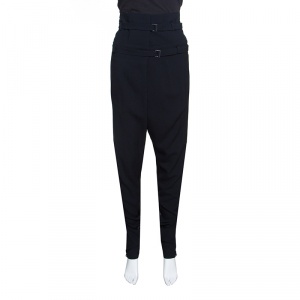 Dior Black Crepe Silk Trim High Waist Fold Over Pants M