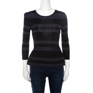 Dior Grey and Black Striped Knit Long Sleeve Peplum Top S