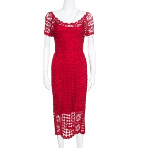 Christian Dior Red Crochet Knit Silk Lined Scalloped Midi Dress M