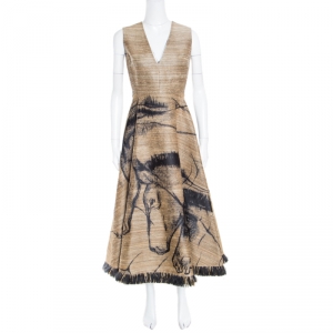 Dior Brown Jute Textured Horse Face Embroidered Frayed Hem Midi Dress S
