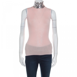 Christian Dior Rose Pink Silk Wool Sequin Paillette Embellished Collar Sleeveless Top S