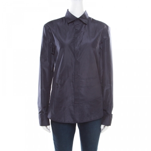 Dior Navy Blue Coated Silk Logo Embroidered Button Down Shirt  M