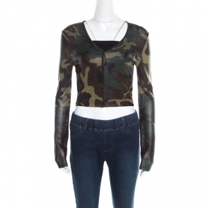 Christian Dior Green Metallic Camouflage Print Cropped Cardigan M