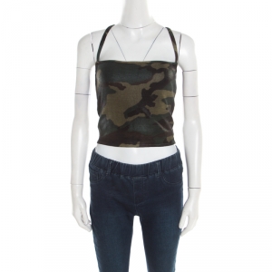 Christian Dior Green Metallic Camouflage Print Cropped Halter Top M