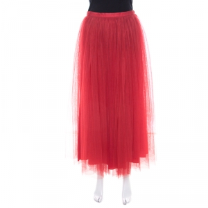 Christian Dior Red Tulle Overlay Gathered Midi Skirt M