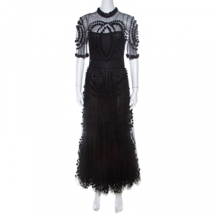 Dior Black Silk and Pom Pom Tulle Sheer Cocktail Dress M 