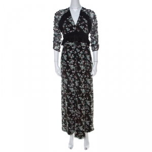 Dior Black Floral Print Silk Ruffle Detail Dress S