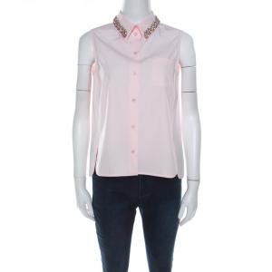 Christian Dior Pink Cotton Crystal Embellished Collar Sleeveless Shirt S