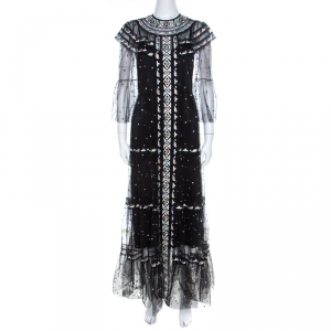 Christian Dior Black Embroidered Tulle Tiered Maxi Dress M
