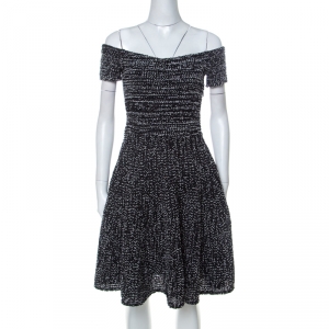 Christian Dior Monochrome Tweed Off Shoulder Fit and Flare Dress S