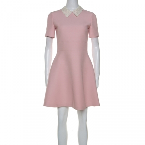 Dior Pale Pink Wool Lace Collar Detail Flared Dress S 