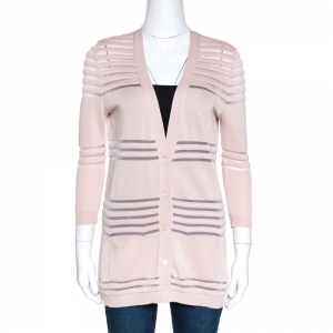 Dior Pale Pink Striped Silk Blend Button Front Cardigan L