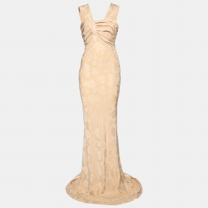 Dior Beige Floral Jacquard Silk Sleeveless Maxi Dress M
