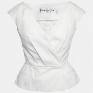 Christian Dior White Cotton Pleated Peplum Top S