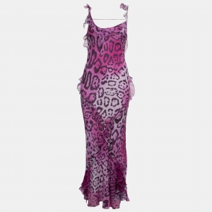 Christian Dior Purple Cheetah Prink Silk-Chiffon Asymmetric Ruffled Dress M