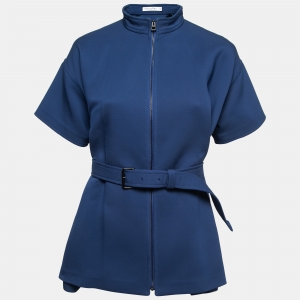 Christian Dior Blue Neoprene Belted Zip-Up Scuba Top S