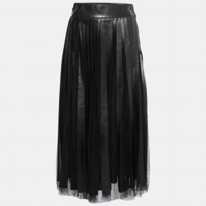 Christian Dior Black Leather & Tulle Paneled Midi Skirt S