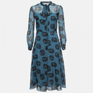 Dior Blue Constellation Printed Silk Tie-Neck Detail A-Line Midi Dress S