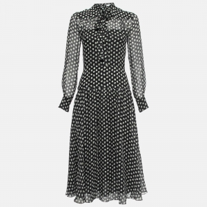 Dior Black Floral Printed Silk Button Front Flared Midi Dress S