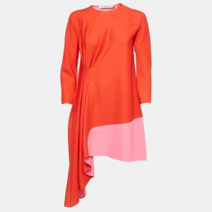 Dior Red/Pink Pleated Crepe Long Sleeve Asymmetrical Dress S