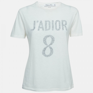 Dior White Printed Cotton and Linen Crew Neck T-Shirt S
