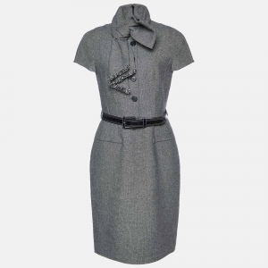 Dior Monochrome Wool Bow Detail Belted Dress M
