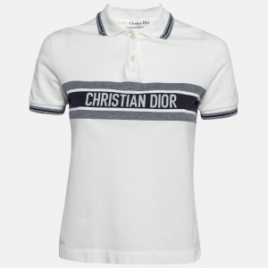 Christian Dior White/Blue Logo Jersey Polo T-Shirt XS