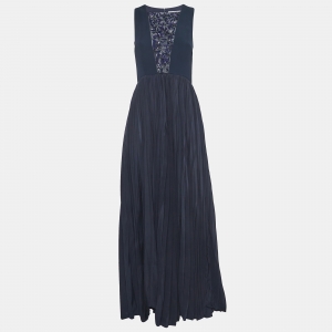 Dior Navy Blue Embellished Silk Pleated Maxi Dress S